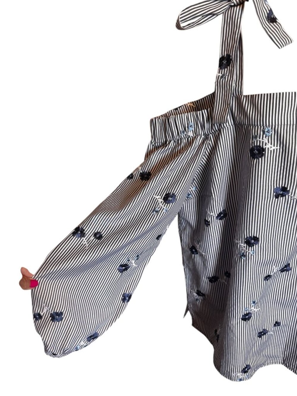 Michael Kors XL Off The Shoulder Blouse Striped Floral Embroidered Tie Strap - Picture 5 of 9